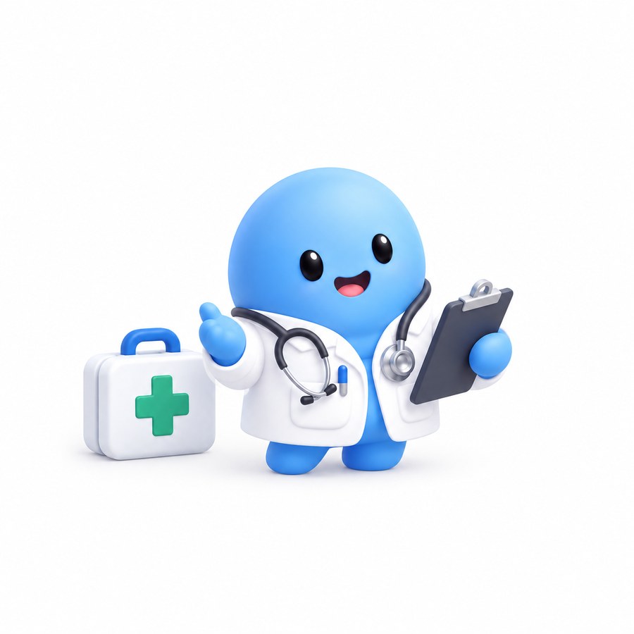 A friendly cartoon doctor holding a clipboard, with a first aid kit